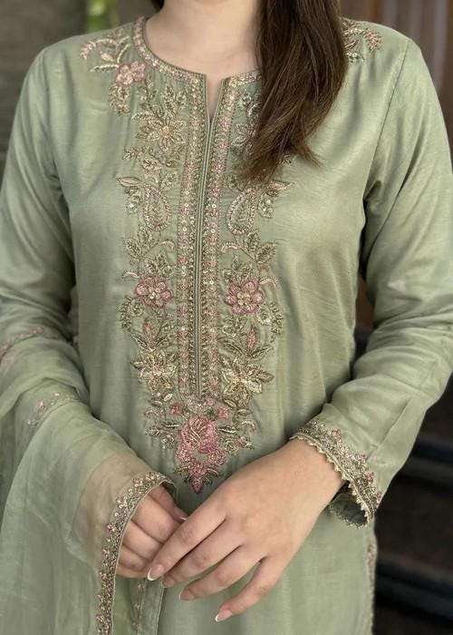 Embroidered Silk Farshi Shalwar Suit with Organza Dupatta - 3 Piece - Pastel Green