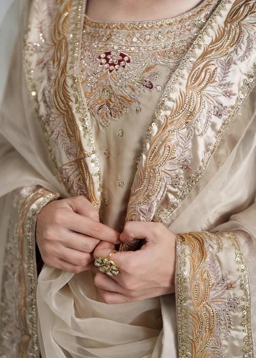 3 Piece Embroidered Charmeuse Silk Sharara Suit - Beige