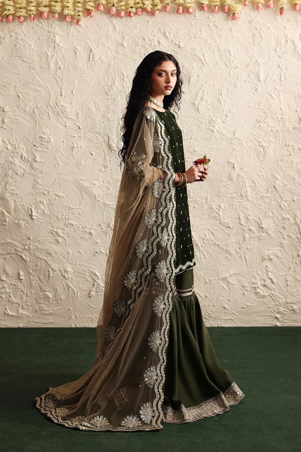 3 Piece Designer Embroidered Velvet And Raw Silk Gharara