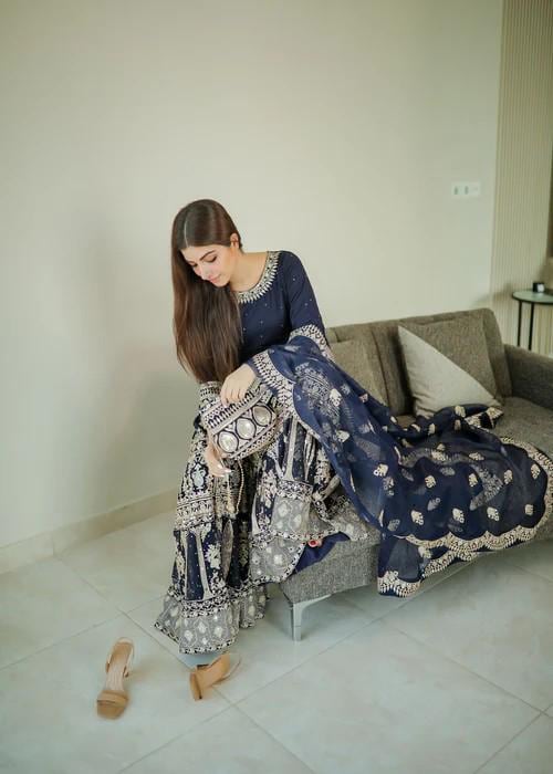 4 Piece Embroidered Chiffon Gharara with Potli Bag - Dark Blue