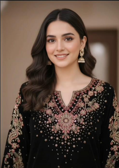 Embroidered Black Velvet Suit with Palazzo Pants - 3 Piece