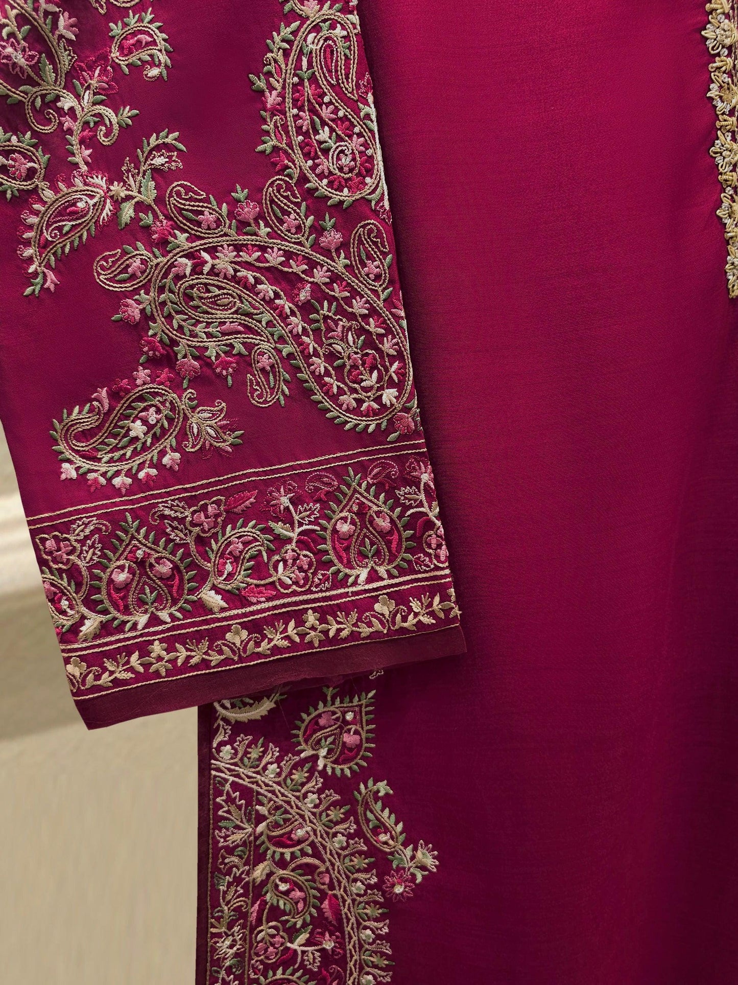 Agha Noor 3 Piece - Pure Khadi Silk Embroidered Suit - Maroon - Raw Silk Pants