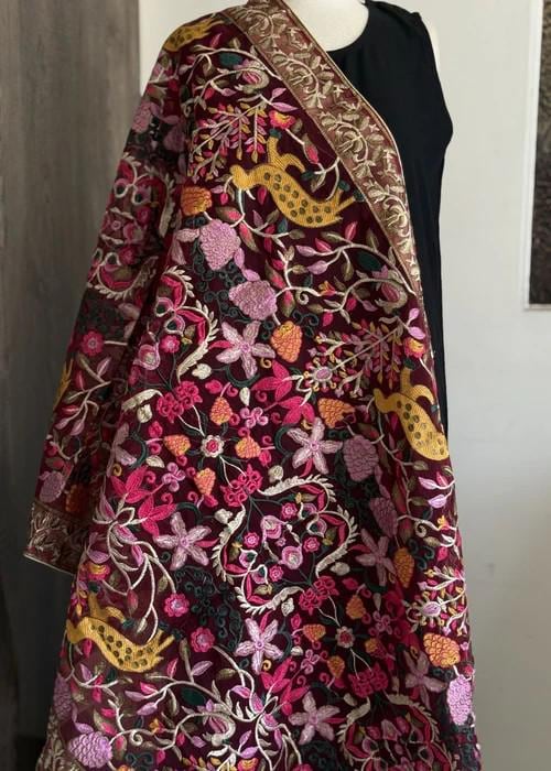 Heavily Embroidered Organza Tissue Silk Dupatta - Maroon Vines Dupatta
