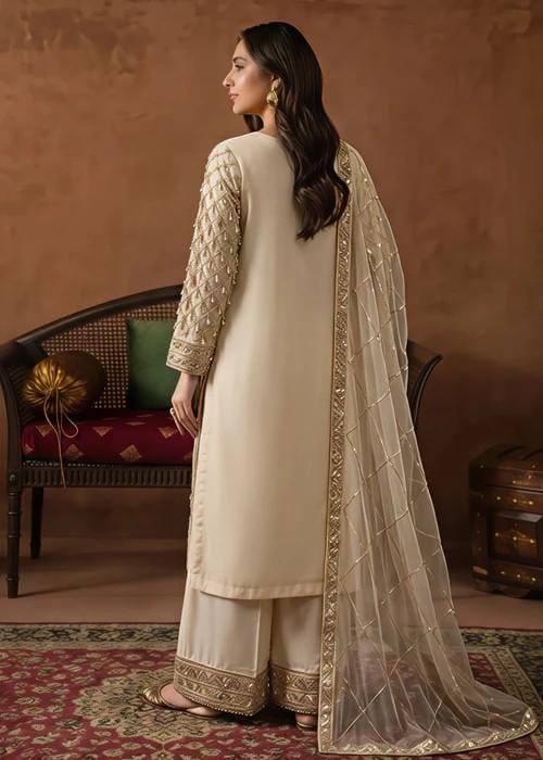3 Piece Embroidered Chiffon Palazzo Suit - Beige