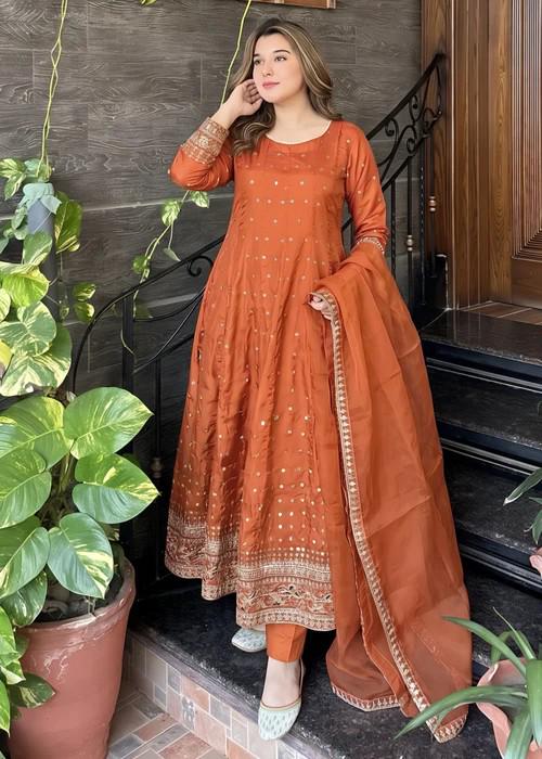 Embroidered Silk Pishwas Suit - 3 Piece - Rust Orange