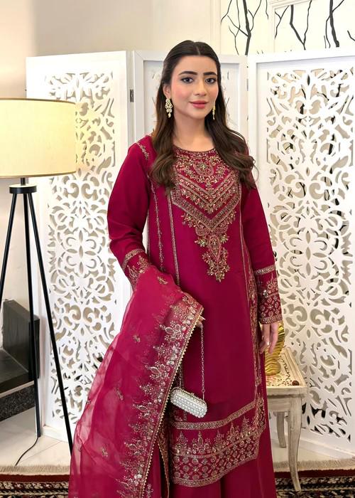 Embroidered Chiffon Sharara - Magenta