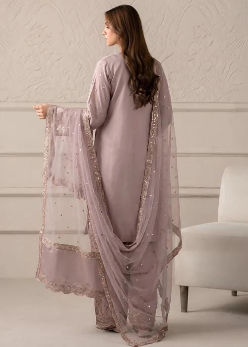 Embroidered Silk Farshi Shalwar Suit with Organza Dupatta - 3 Piece - Lilac