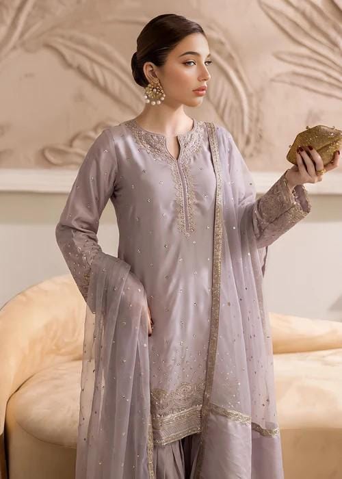 Embroidered Silk Farshi Shalwar Suit with Organza Dupatta - 3 Piece - Lilac