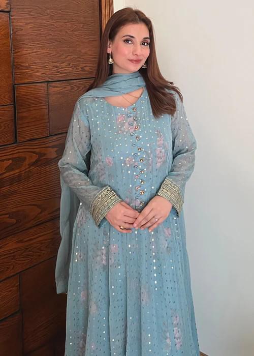 Embroidered Chiffon Pishwas Maxi Suit - Ice Blue