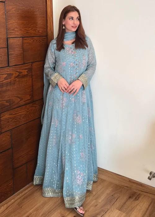 Embroidered Chiffon Pishwas Maxi Suit - Ice Blue