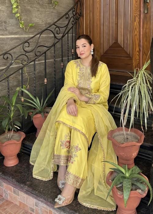 Embroidered Silk Farshi Shalwar Suit with Organza Dupatta - 3 Piece - Butter
