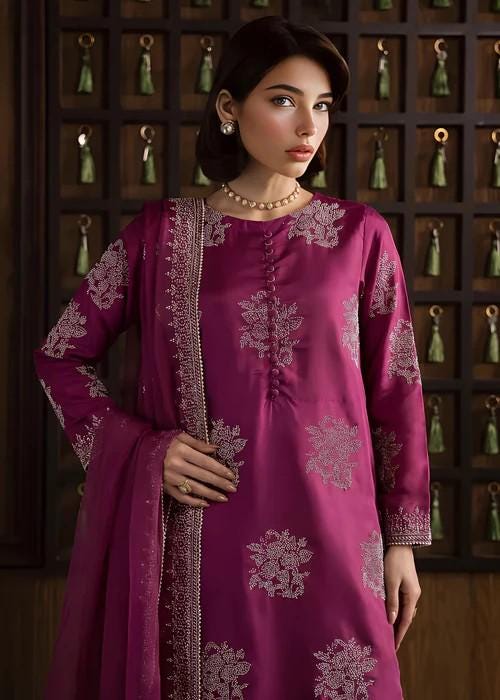 3 Piece Silk Stone Work Kurta and Culottes Set - Magenta