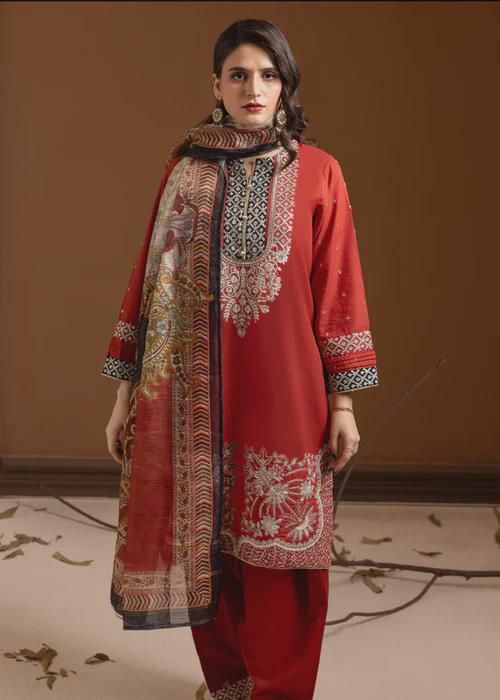 3 Piece Embroidered Lawn Kurta Set - Rust Color