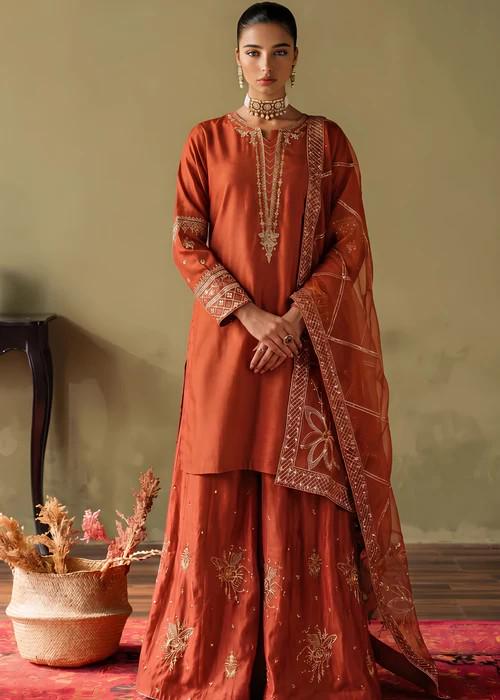 3 Piece Embellished Silk Palazzo Suit - Rust Color