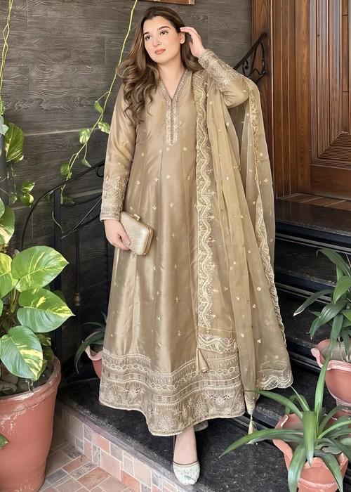 3 Piece Embroidered Silk Maxi Dress - Tan Brown