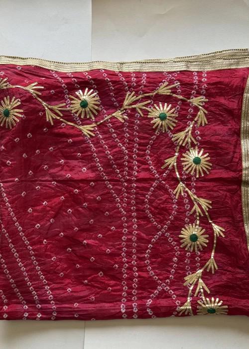 Embroidered Traditional Tie-Dye Bandini Chiffon Dupatta - Crimson Gold
