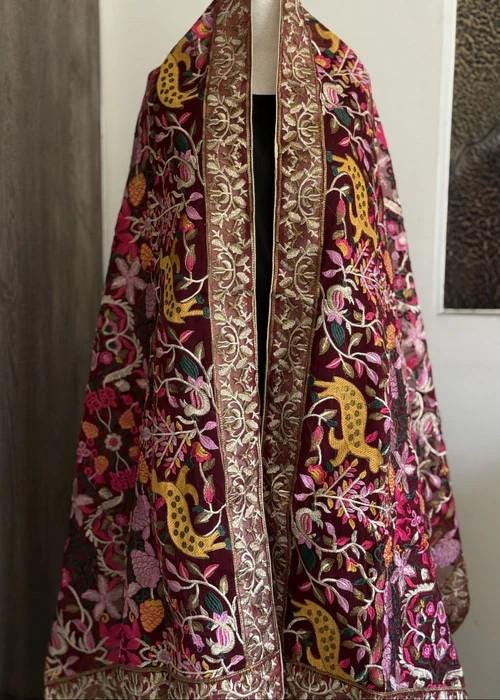 Heavily Embroidered Organza Tissue Silk Dupatta - Maroon Vine