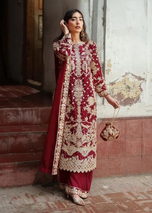 Embroidered Chiffon Kurta Set - 4 Piece - With Potli Bag