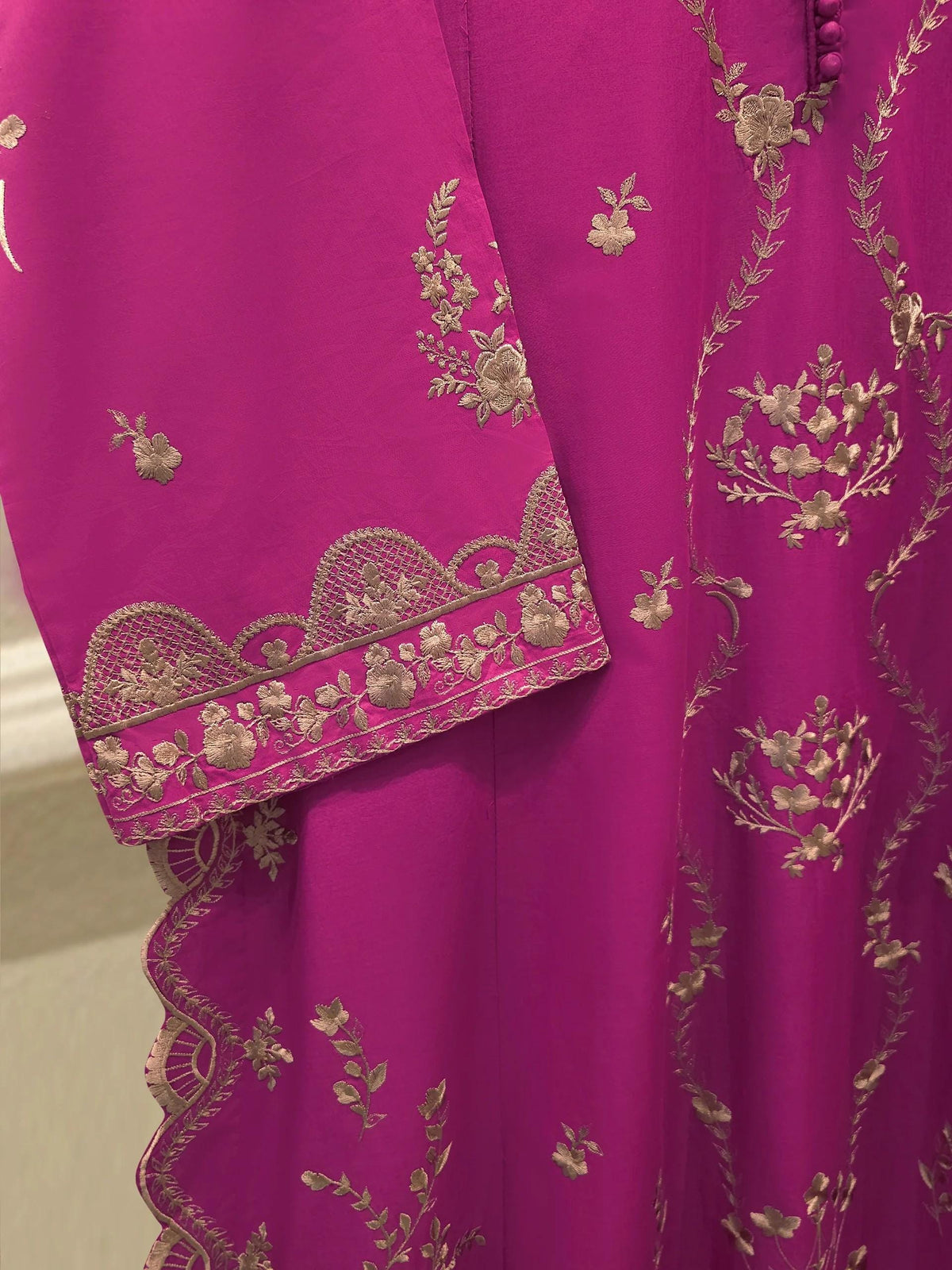 3 Piece Agha Noor Embroidered Cambric Suit - Shocking Pink