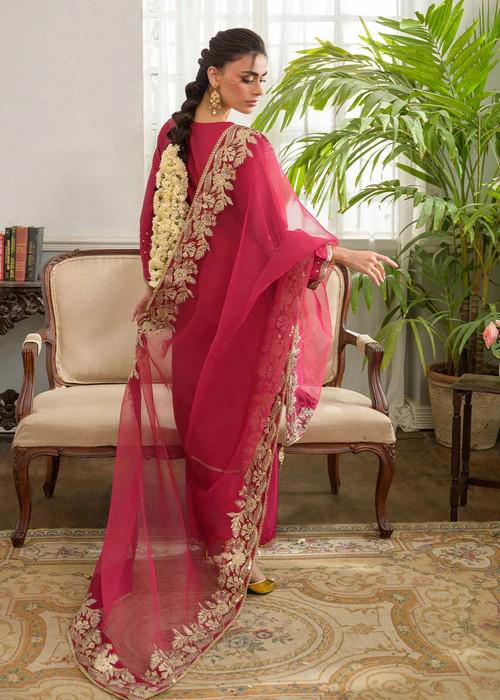 3 Piece Embroidered Charmeuse Silk Suit - Raspberry Pink