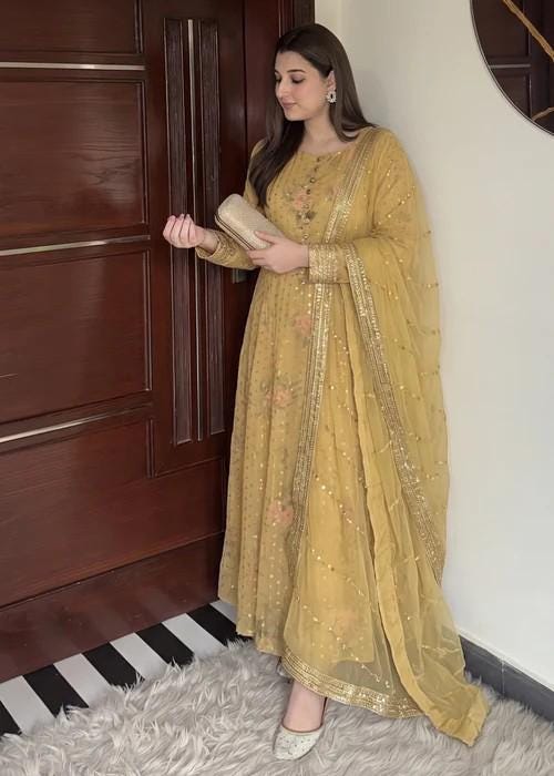Embroidered Chiffon Maxi Suit - Mustard - 3 Piece