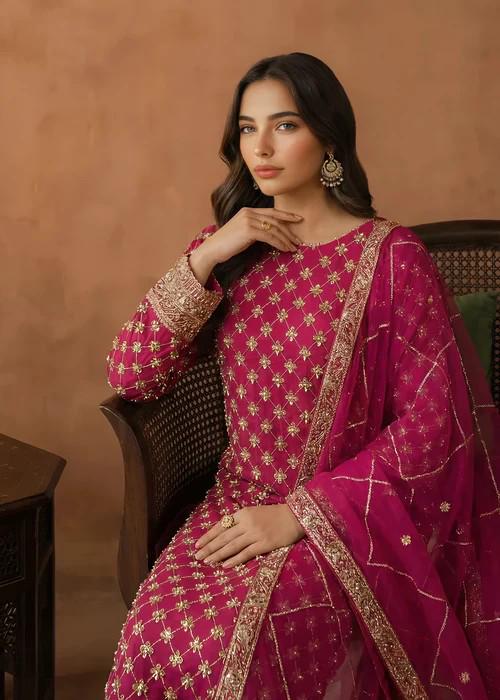 3 Piece Embroidered Chiffon Palazzo Suit - Hot Pink