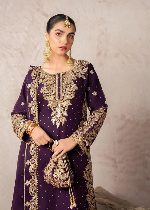 4 Piece Embroidered Chiffon and Jamawar Palazzo Suit - With Potli Bag - Purple