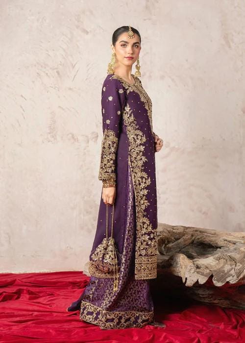 4 Piece Embroidered Chiffon and Jamawar Palazzo Suit - With Potli Bag - Purple