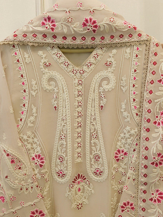 Agha Noor 3 Piece - Pure Embroidered Cotton Net Suit - Beige - Lining in the sleeves too