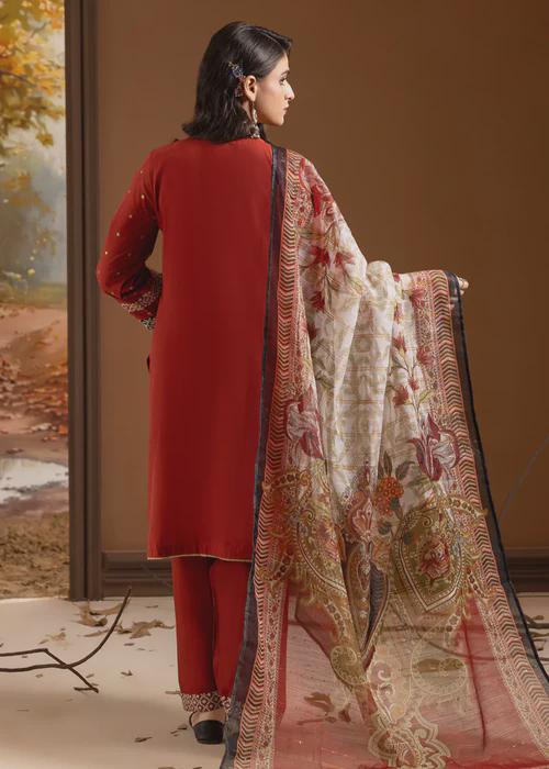 3 Piece Embroidered Lawn Kurta Set - Rust Color