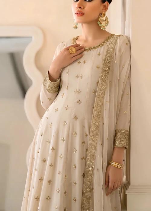 Embroidered Chiffon Maxi Suit - 3 Piece - Beige