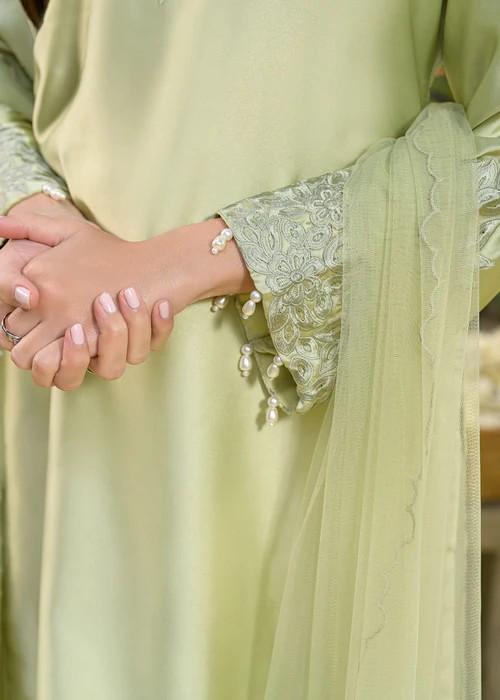 3 Piece Embroidered Charmeuse Silk Suit - Sage Green