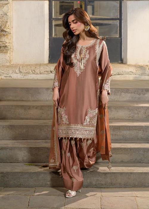 3 Piece Embroidered Charmeuse Silk Suit - Cinnamon Brown