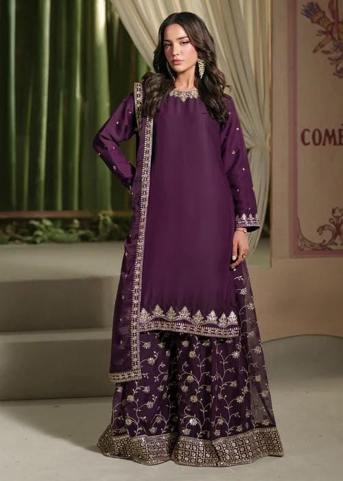 3 Piece Embroidered Chiffon Sharara - Purple