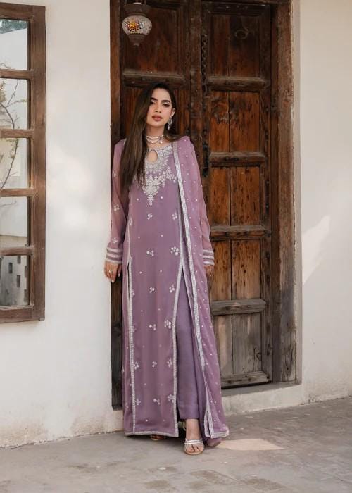Embroidered Chiffon Pishwas Suit - 3 Piece - Lilac
