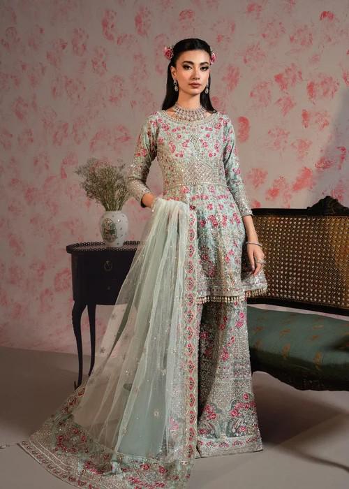 Embroidered Party Wear Peplum Sharara Suit - Ice Blue