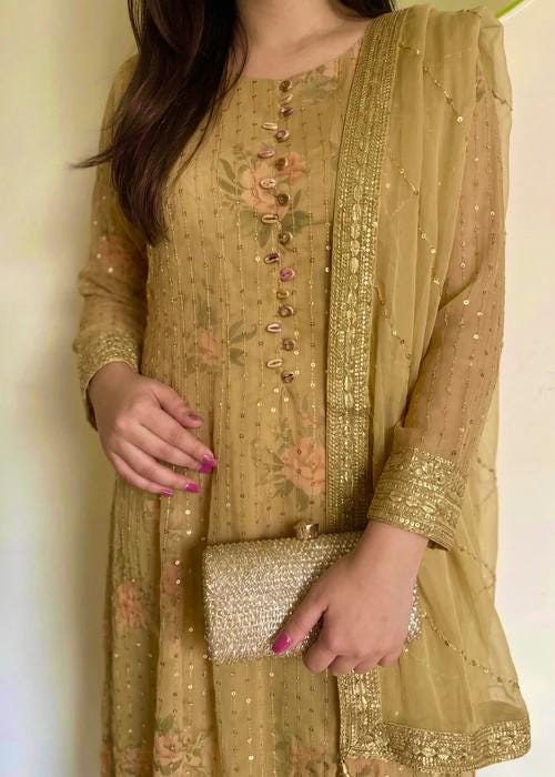 Embroidered Chiffon Pishwas Maxi Suit - Mustard