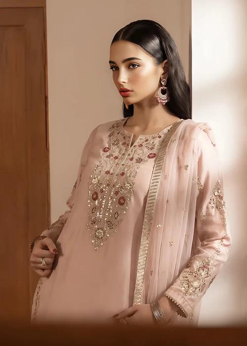 Embroidered Silk Farshi Shalwar Suit- 3 Piece - Pink