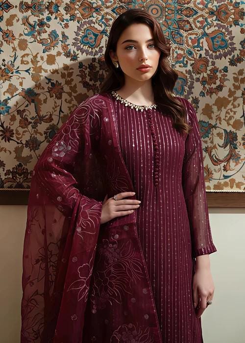 3 Piece Chiffon Maxi Dress - Maroon