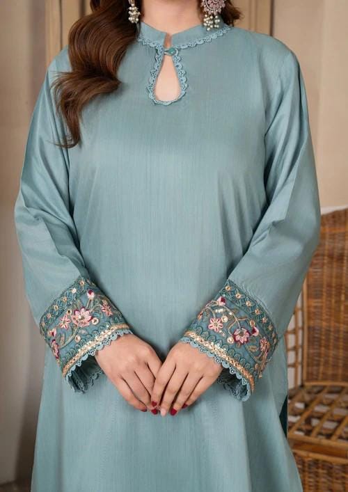Raw Silk Farshi Shalwar Suit - Ice Blue - 3 Piece - Organza Dupatta