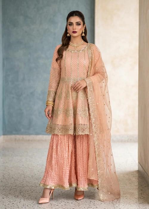 3 Piece Organza and Raw Silk Gharara - Peach Pink
