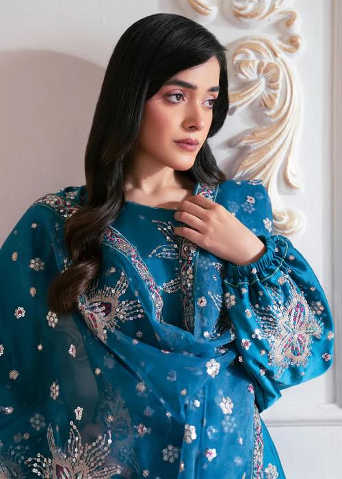 3 Piece Charmeuse Silk Embroidered Palazzo Suit - Steel Blue