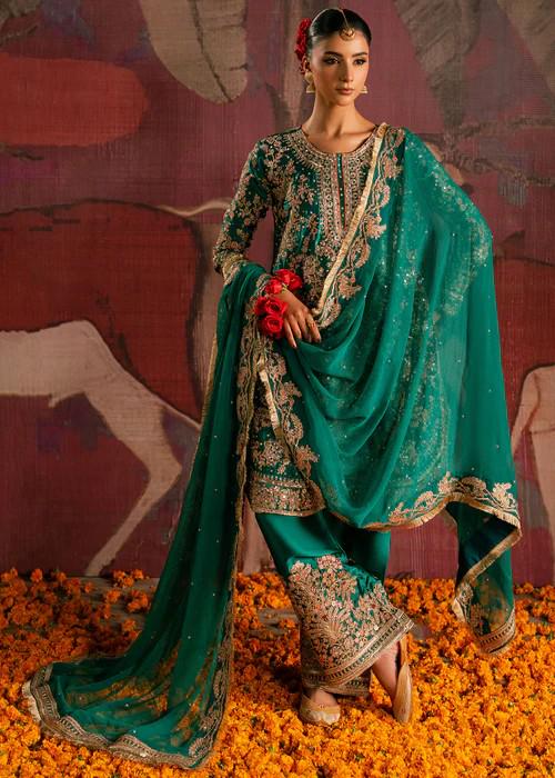 3 Piece Embroidered Charmeuse Silk Suit - Bottle Green