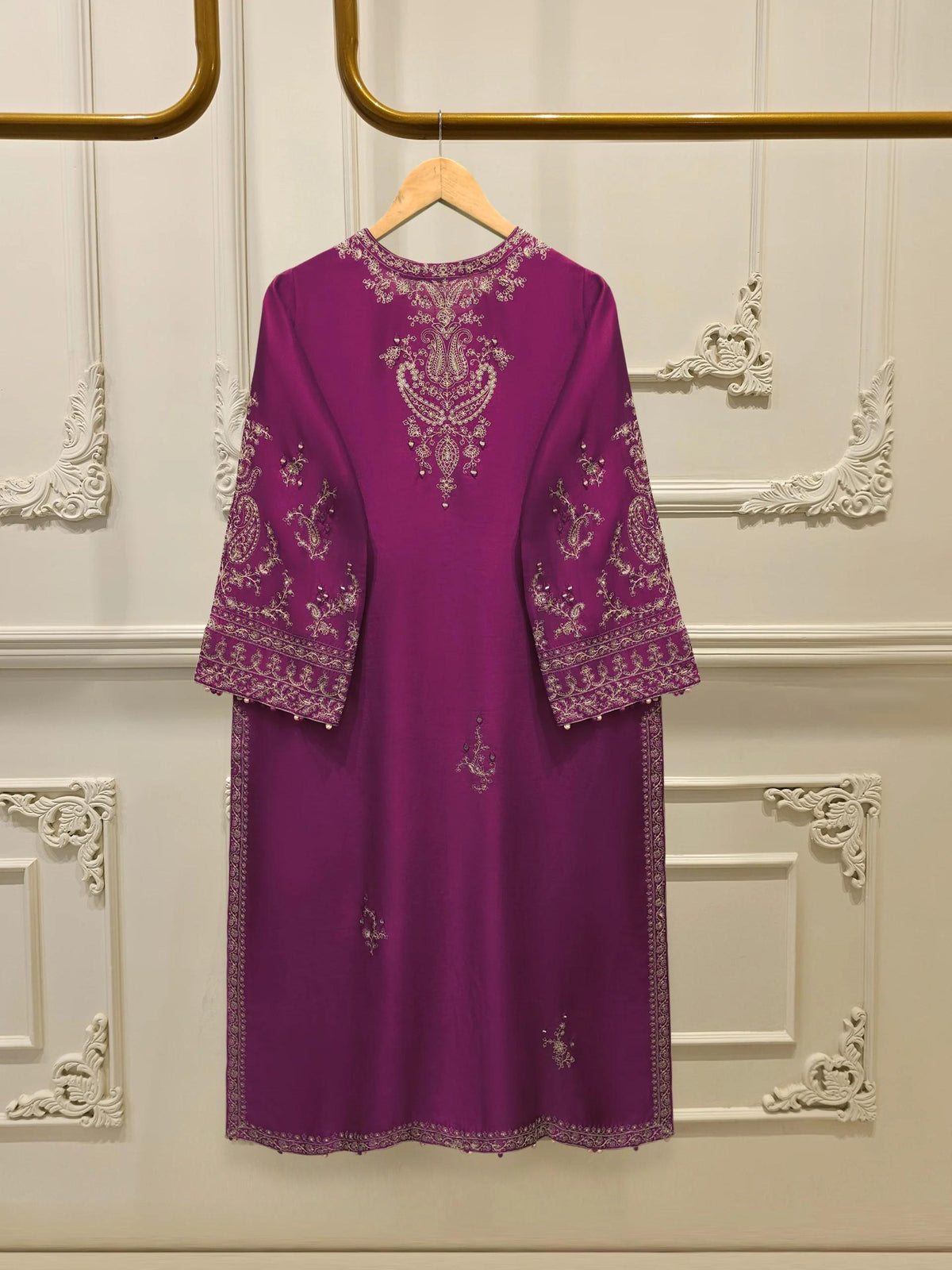 Agha Noor 3 Piece Pure Embroidered Sheesha Silk Suit - Dark Purple