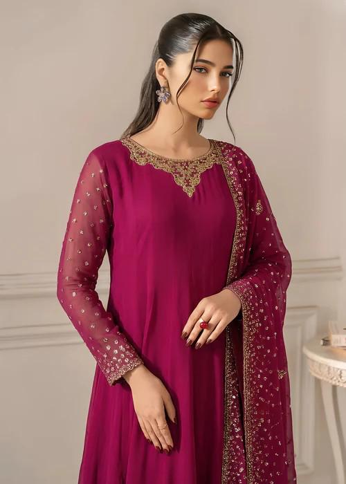 Embroidered Chiffon Maxi Suit - 3 Piece - Magenta