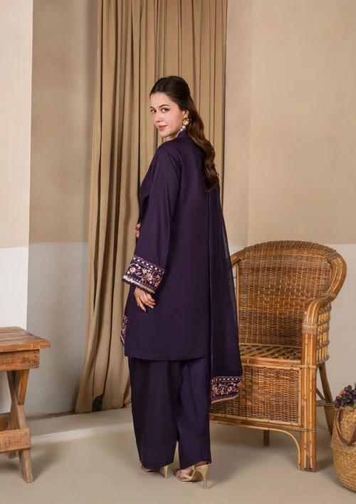 Raw Silk Farshi Shalwar Suit - Deep Purple - 3 Piece - Chiffon Dupatta