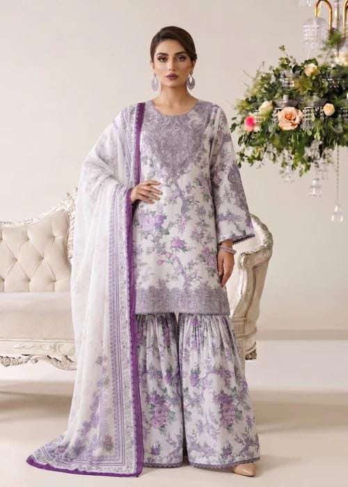3 Piece Lawn Gharara Suit - Lilac /Off White - Silk Dupatta
