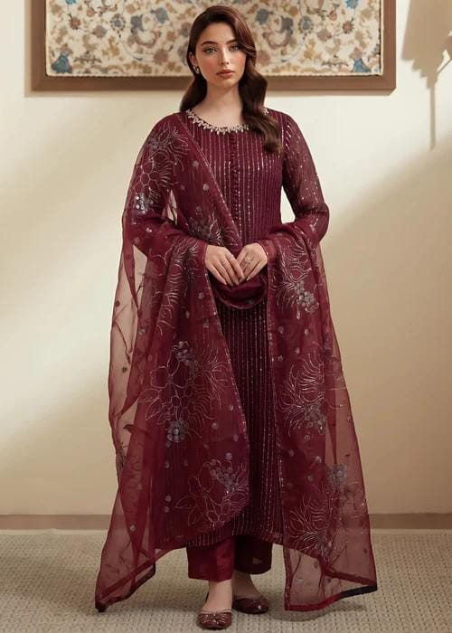 3 Piece Chiffon Maxi Dress - Maroon