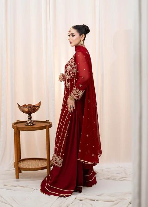 3 Piece Embroidered Chiffon Long Kurta with Lehenga Suit - Maroon