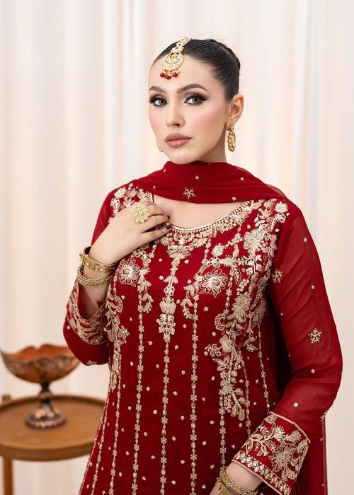 3 Piece Embroidered Chiffon Long Kurta with Lehenga Suit - Maroon